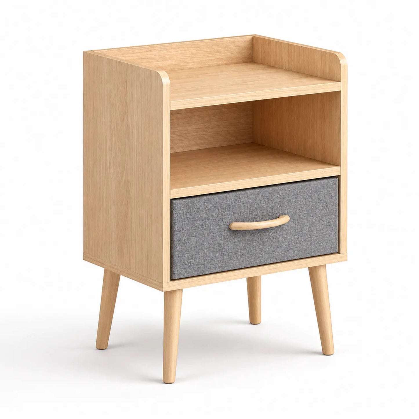 Mesita de noche de madera con cajón de tela gris, 60x40x30 cm
