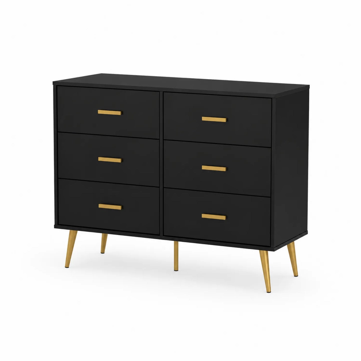 Cómoda de 6 Cajones de MDF Negro con Patas y Tiradores de Metal Dorado