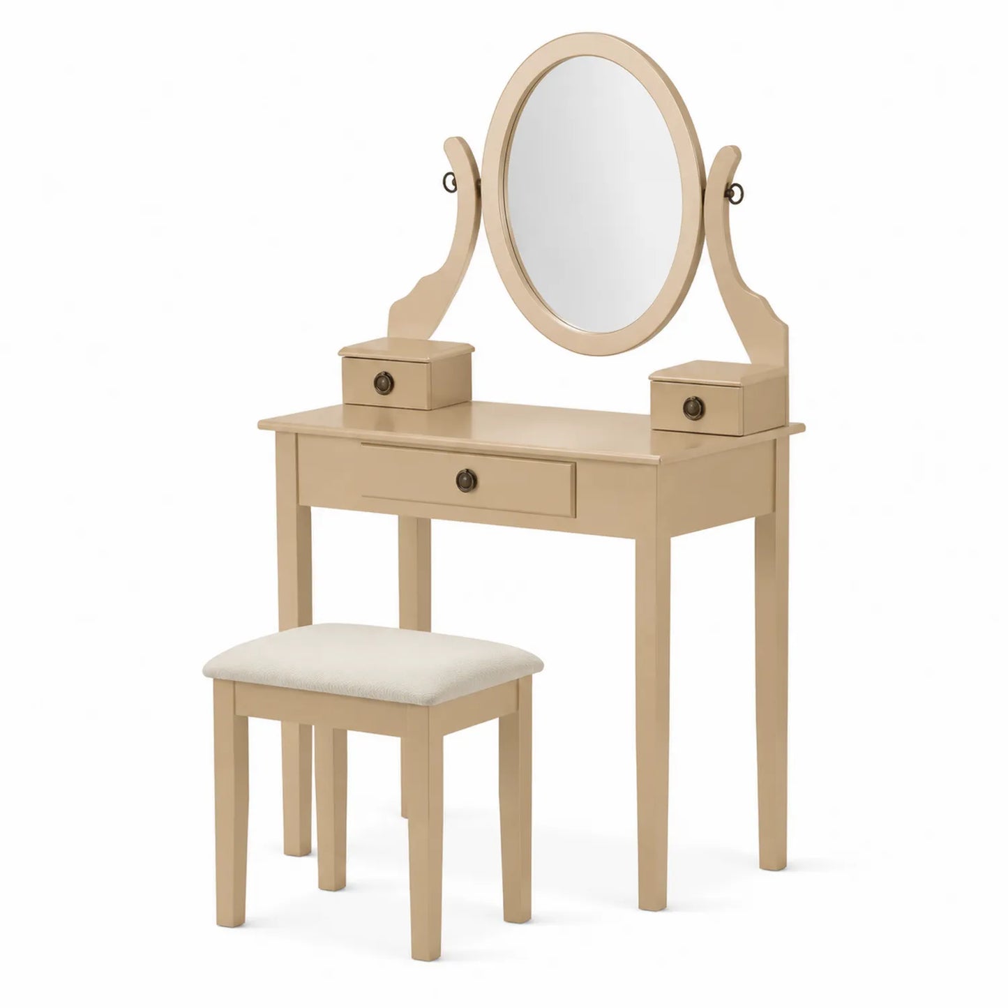 Tocador de Madera Beige con Espejo Ovalado y Taburete
