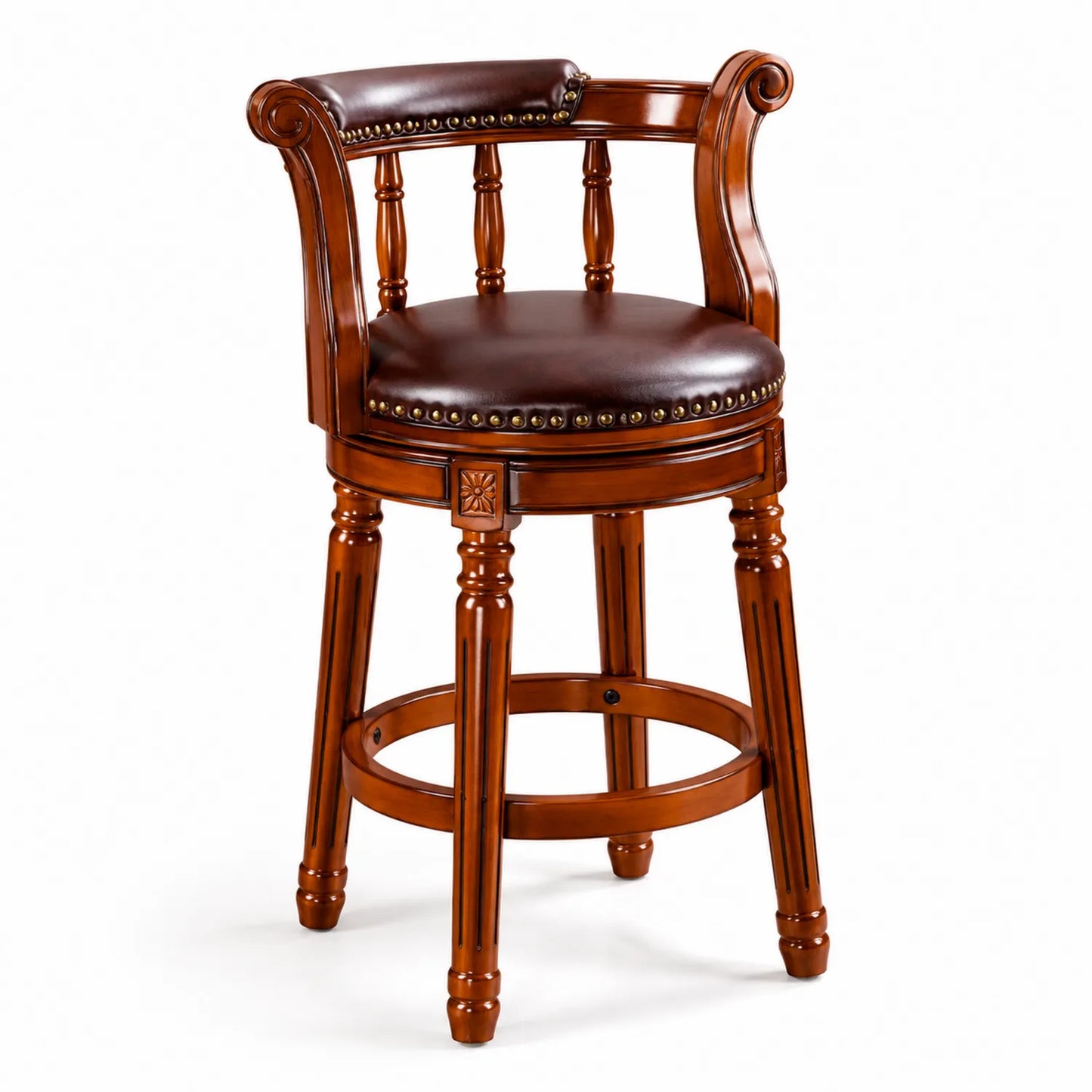 Taburete de madera con asiento de cuero PU Marrón
