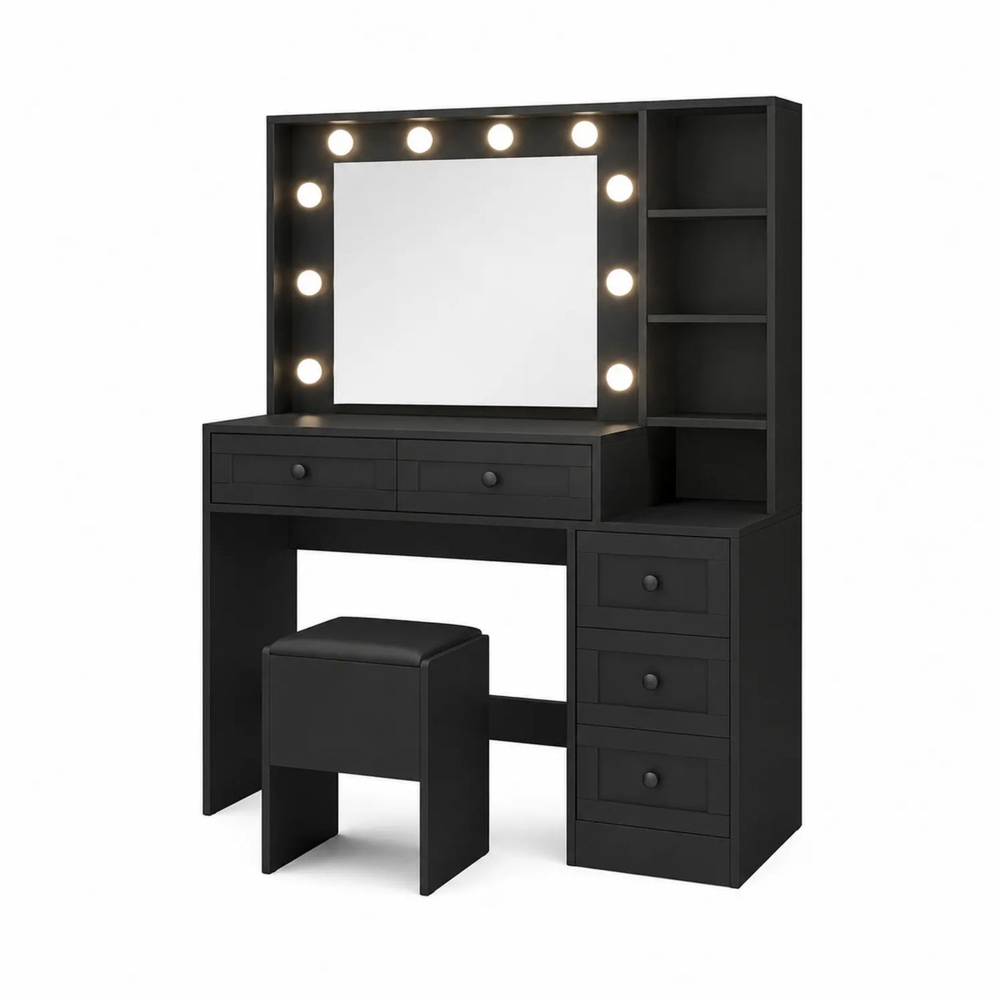 Tocador de madera con espejo y luces LED y taburete Negro