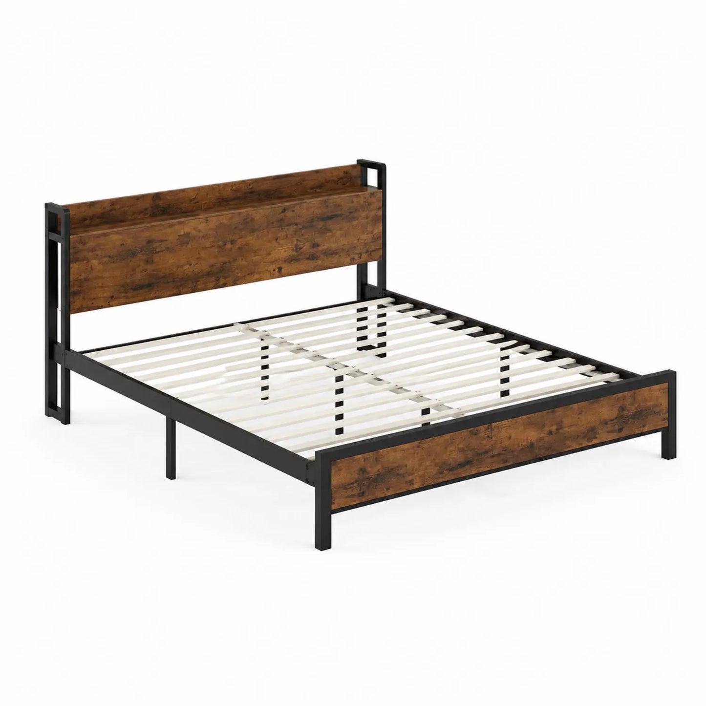 Cama doble de madera y metal marrón y negro 200x160 cm