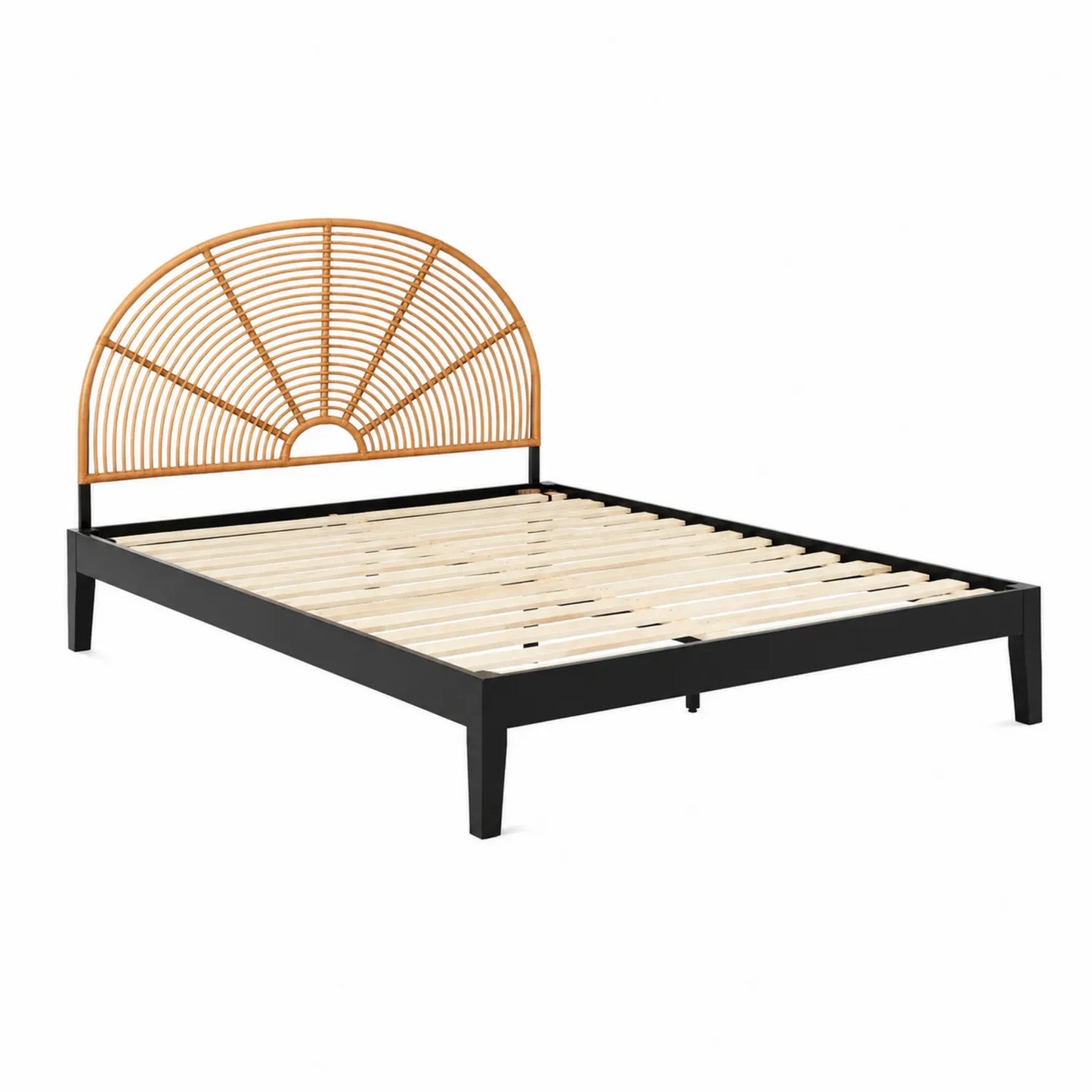 Cama de Metal con Cabecero de Ratán y Listones de Madera 140x200 cm