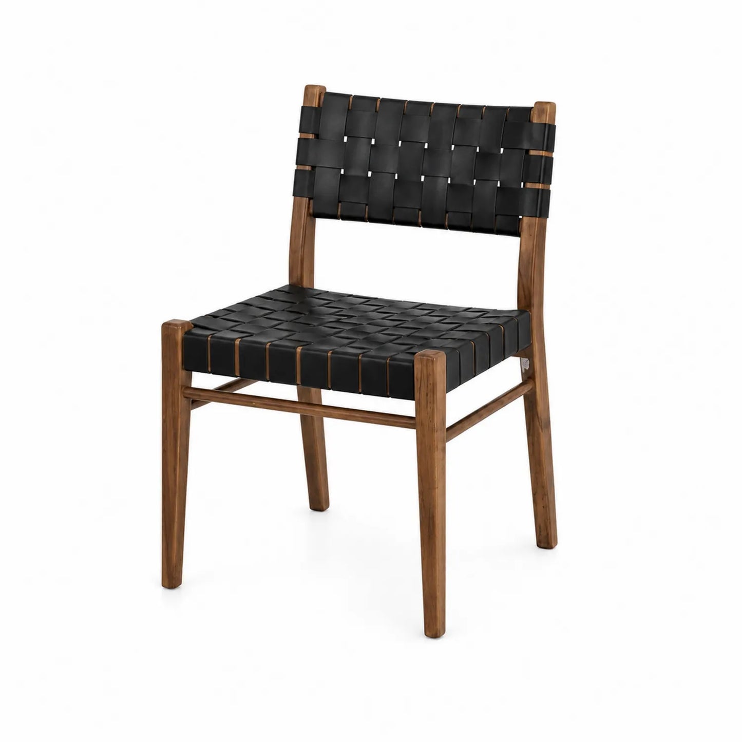 Silla de madera con asiento y respaldo de cuero sintético negro