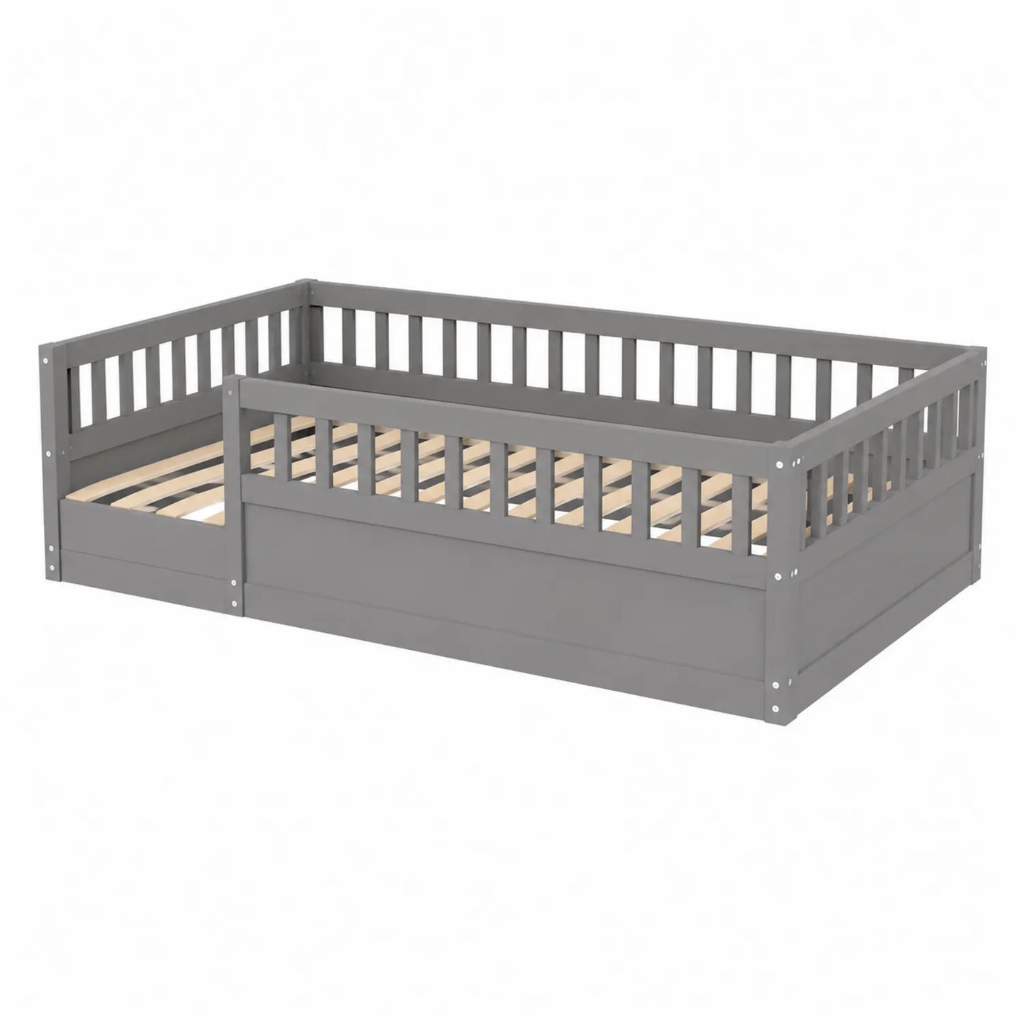 Cama individual de madera de pino con barreras laterales gris 200 cm x 90 cm
