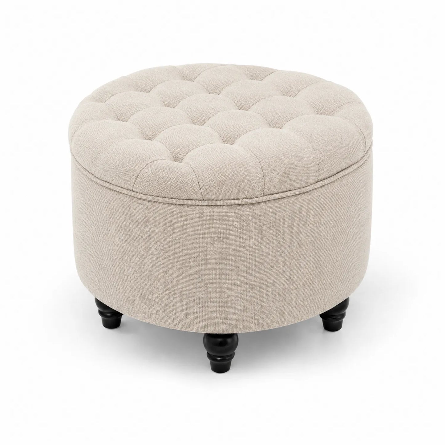 Puf otomana redonda de tela beige con almacenamiento