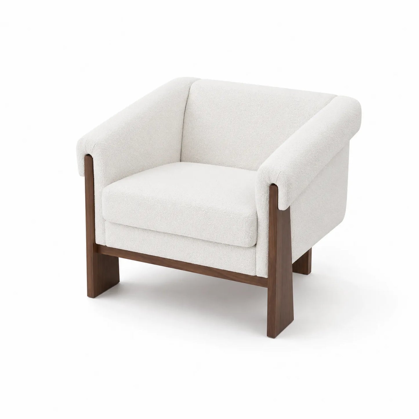 Sillón de poliéster blanco con estructura de madera de nogal