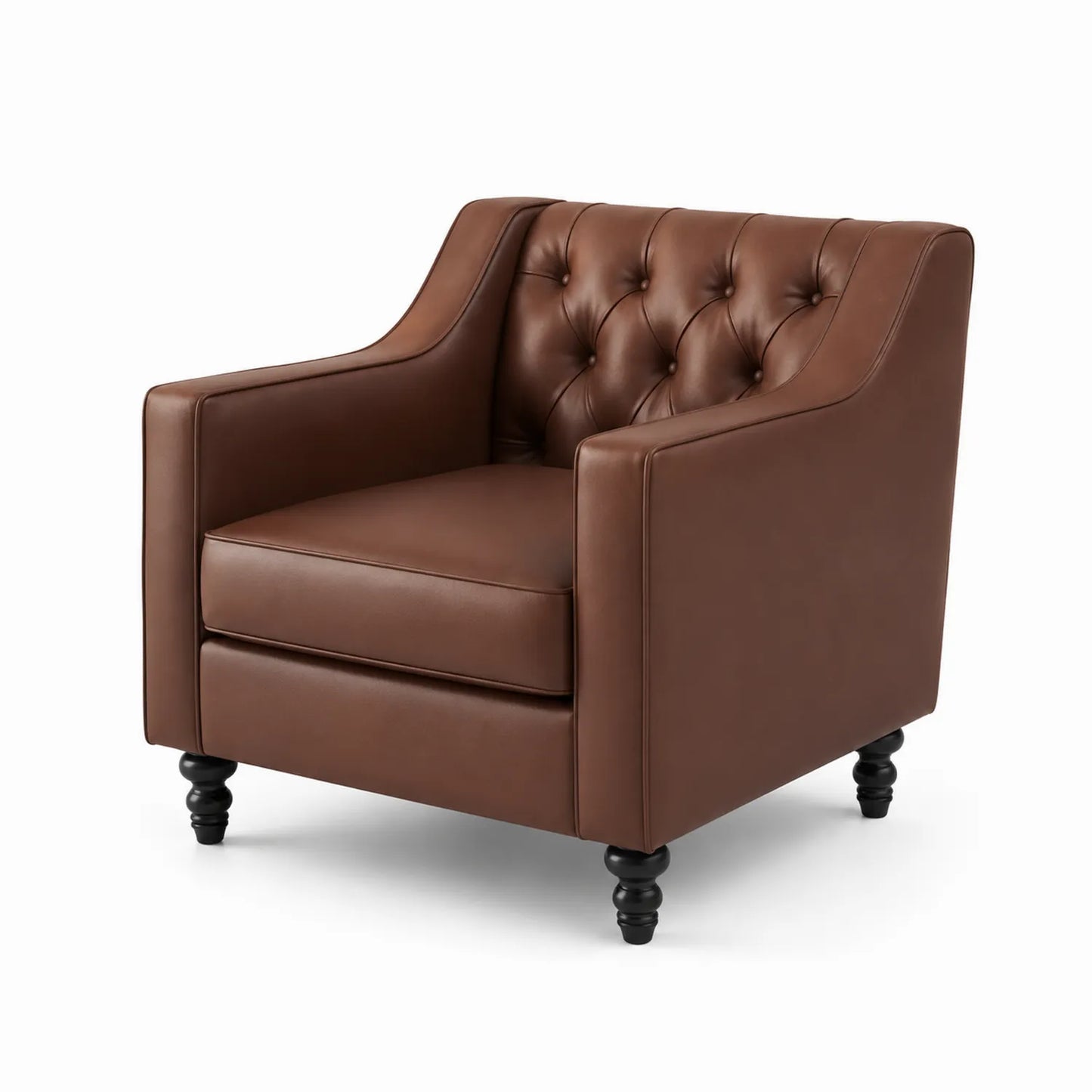 Sillón de cuero sintético marrón con patas de madera