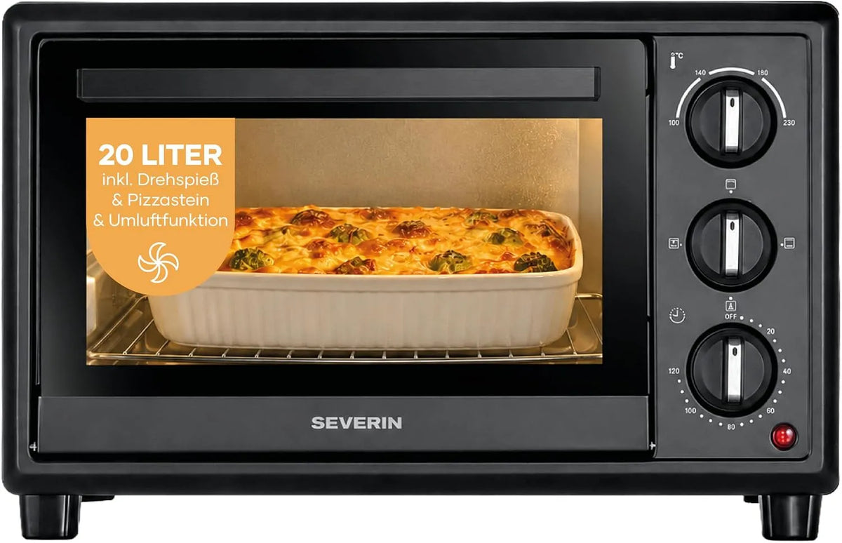 SEVERIN 120Min, Miniovne, bagning og toast ovn, Bageplade & Toast, 20L, op til 230 ° C, cirkulerende luft, Sort, 1600W, 29cm