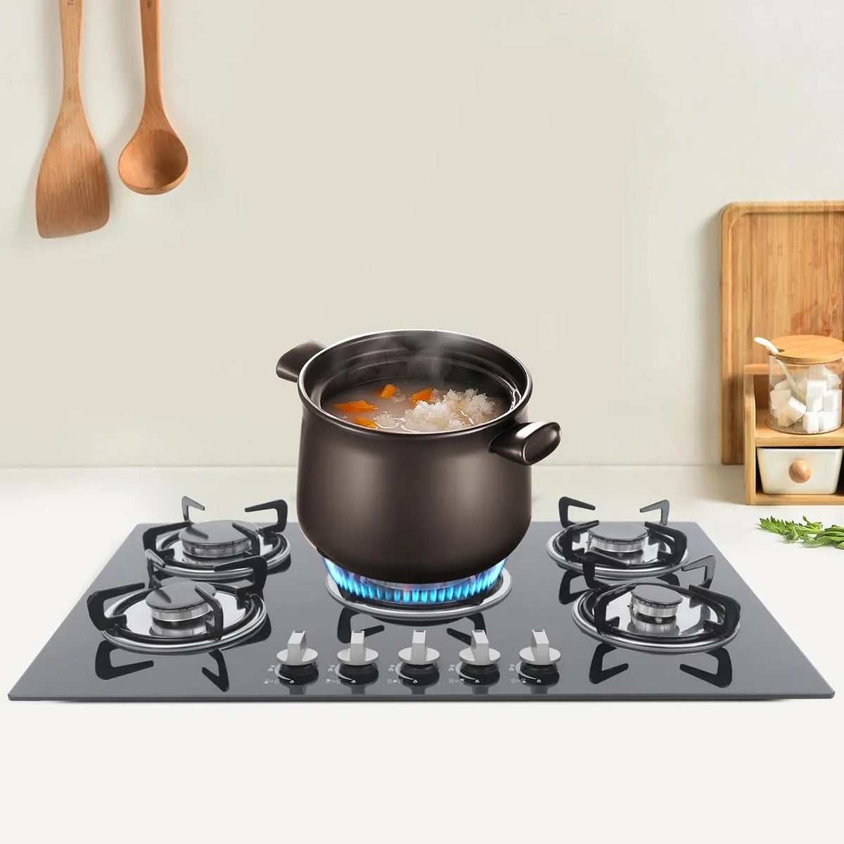 Wiyuer, Kogeplader, Gas komfur 5 Flammebygning i komfur Hærdet glas 5 zoner Naturgas komfur 77CM med, Sort, 77CM, 7cm, 14 cm, 14 kg
