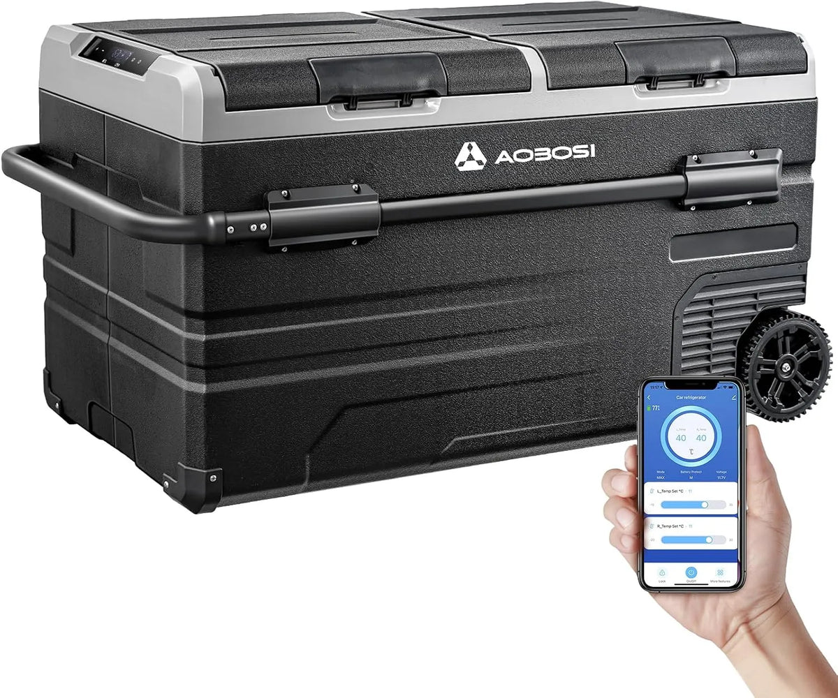 AAOBOSI, Køleskabe, 115L Compressor Cooling Box, Dual Zone, Cooling Box Compressor med APP, Sort, 115L, 240V, 24V, 10 l