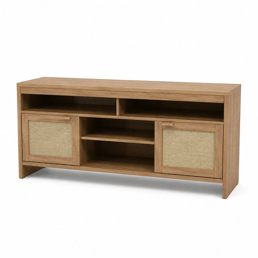 Mueble de TV de madera y mimbre con puertas deslizantes 150x40x60 cm