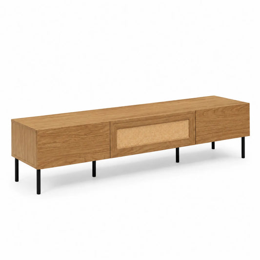 Mueble para TV de madera con puerta de mimbre y patas metálicas 180x45x40 cm