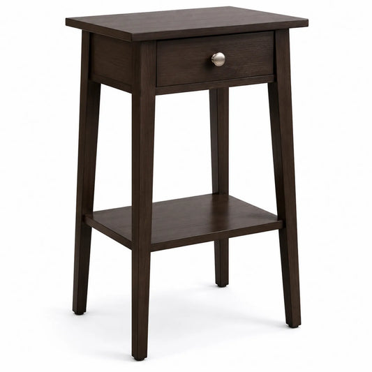 Mesita de Madera Maciza Marrón Oscuro con Cajón y Estante