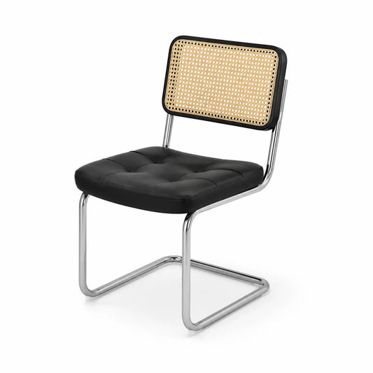 Silla de Cuero Sintético Negro y Ratán con Estructura de Metal