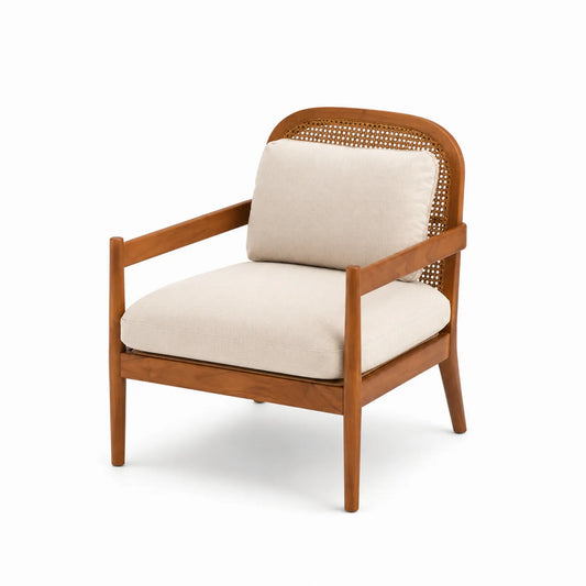 Sillón de Madera y Ratán con Cojines de Poliéster Beige