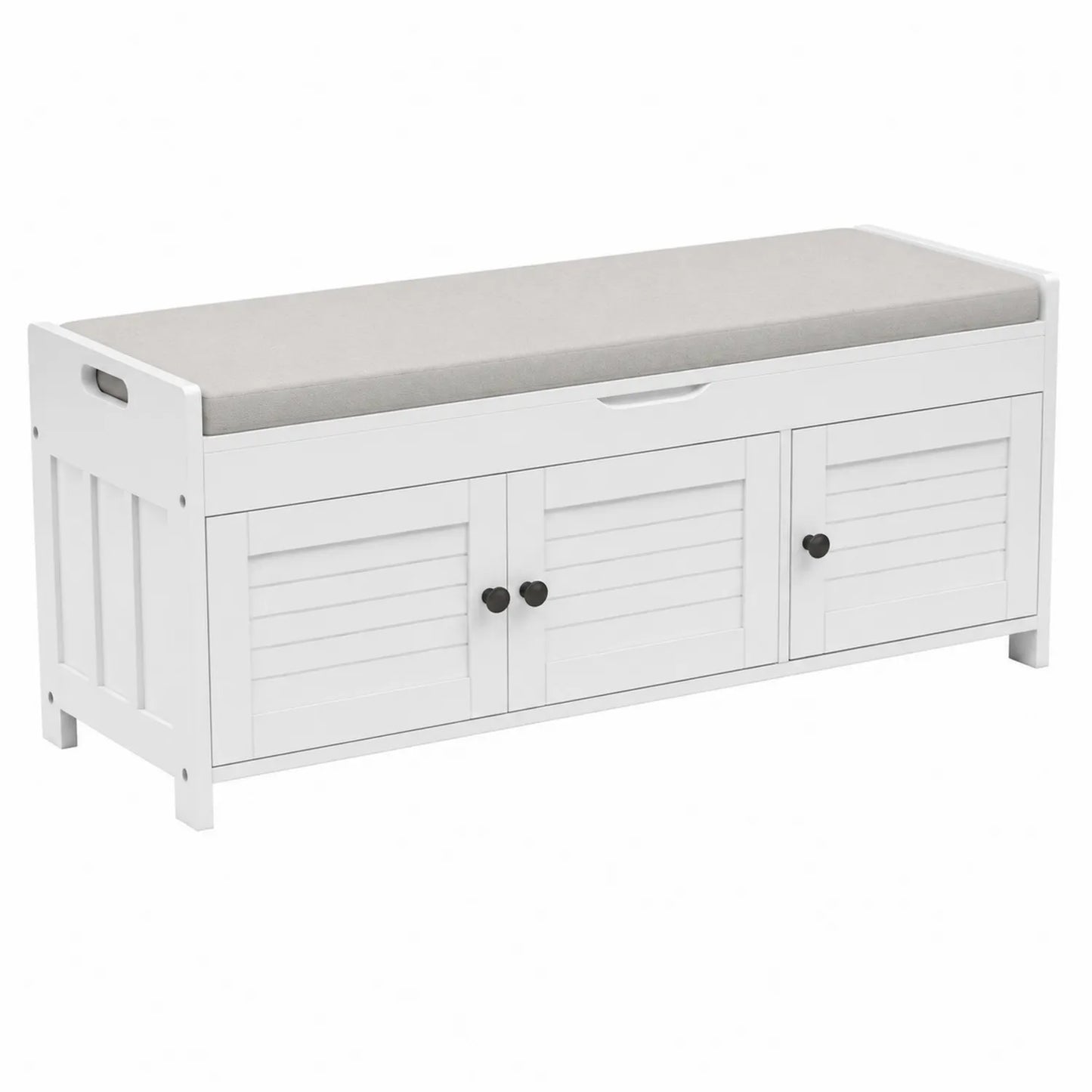 Banco de madera blanco con cojín gris