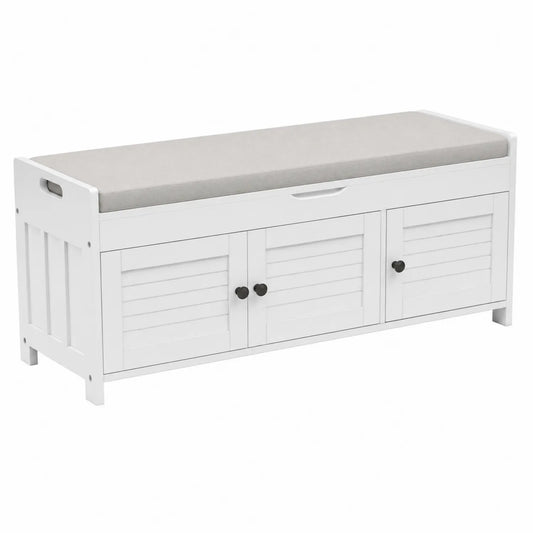 Banco de madera blanco con cojín gris