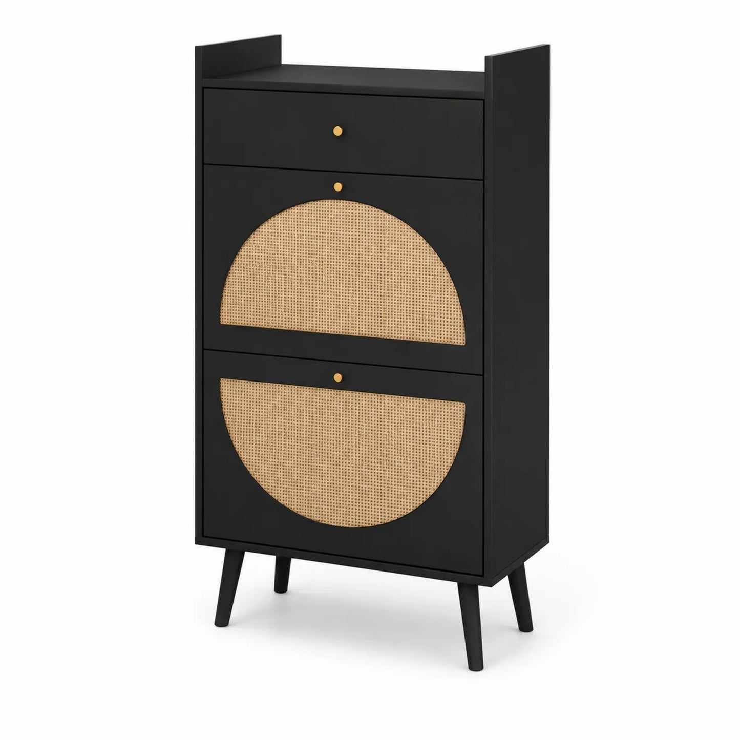 Zapatero de Madera Negro con Panel de Mimbre