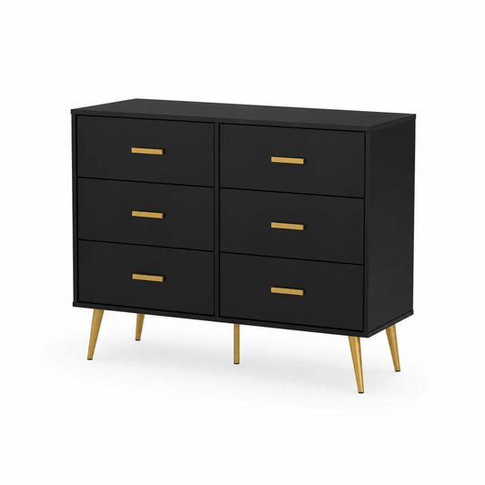Cómoda de 6 Cajones de MDF Negro con Patas y Tiradores de Metal Dorado