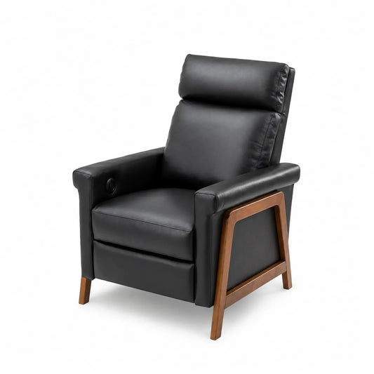 Sillón reclinable de cuero sintético con patas de madera