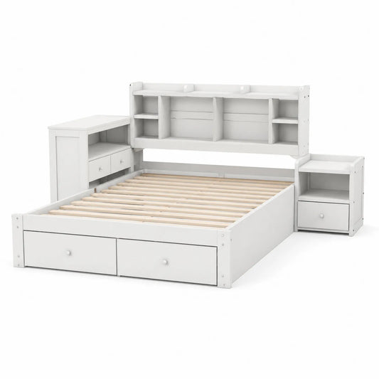Cama de madera con estanterías y cajones 90x200 cm Blanco