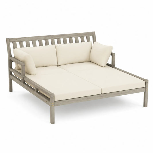 Cama de día doble de madera con cojines de tela beige 200x140 cm