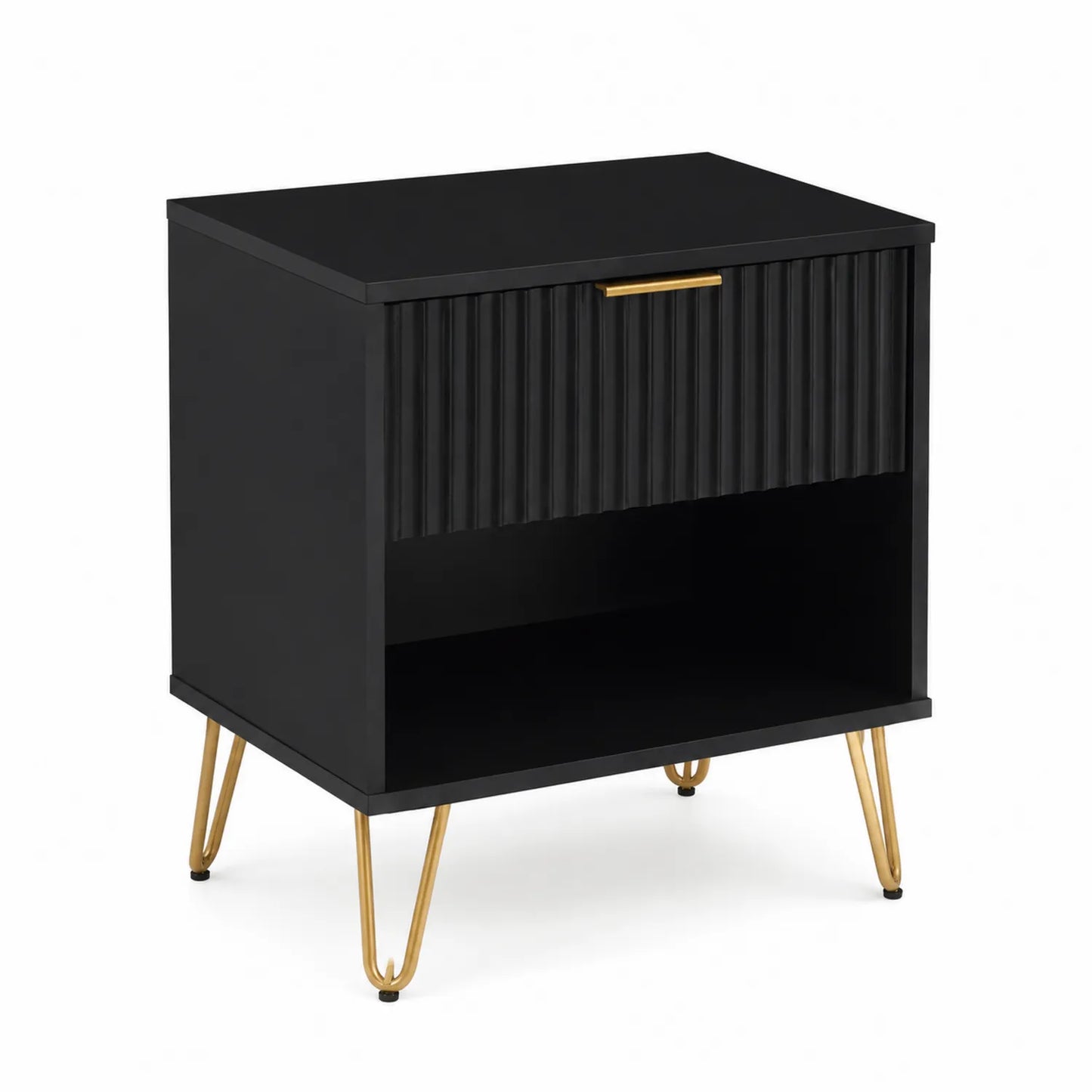 Mesita de noche de MDF negro con patas de metal dorado