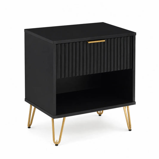 Mesita de noche de MDF negro con patas de metal dorado