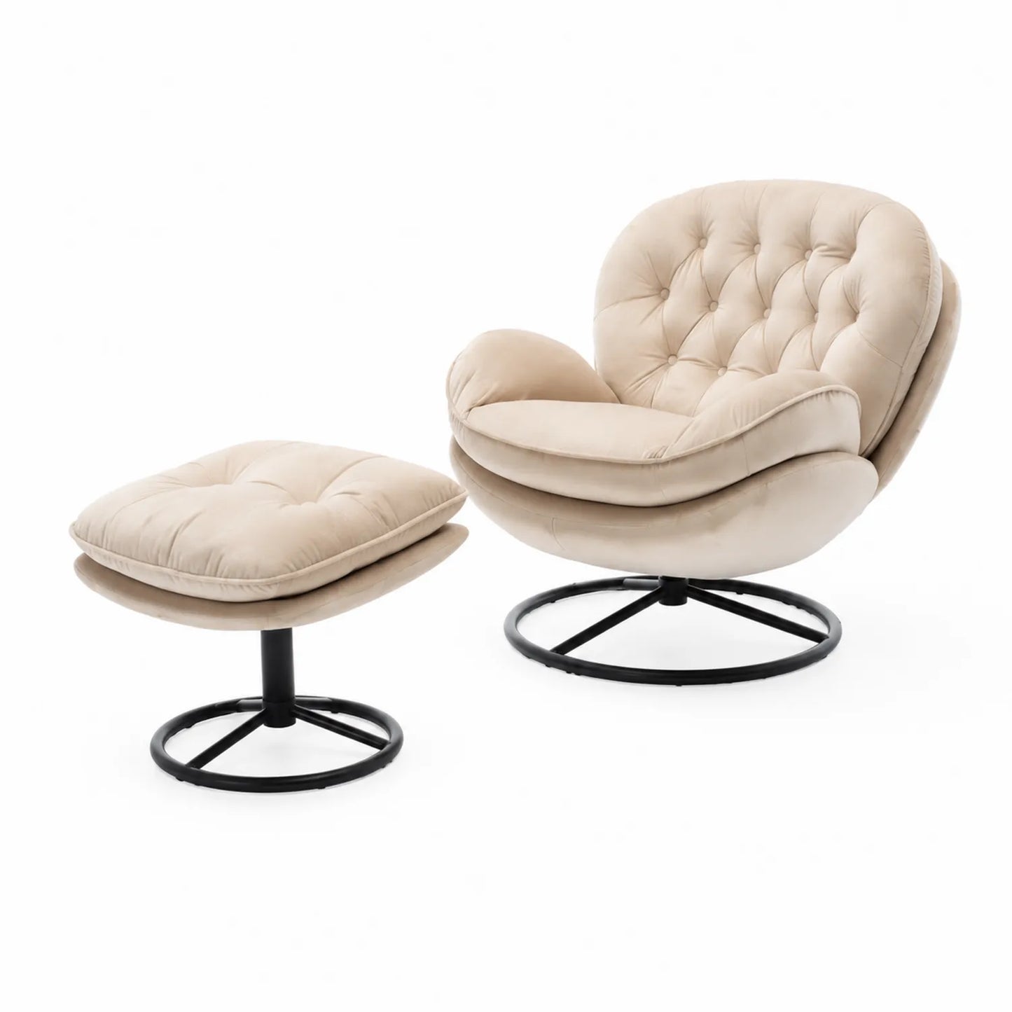 Conjunto de Sillón Giratorio de Tela Beige con Reposapiés y Base de Metal