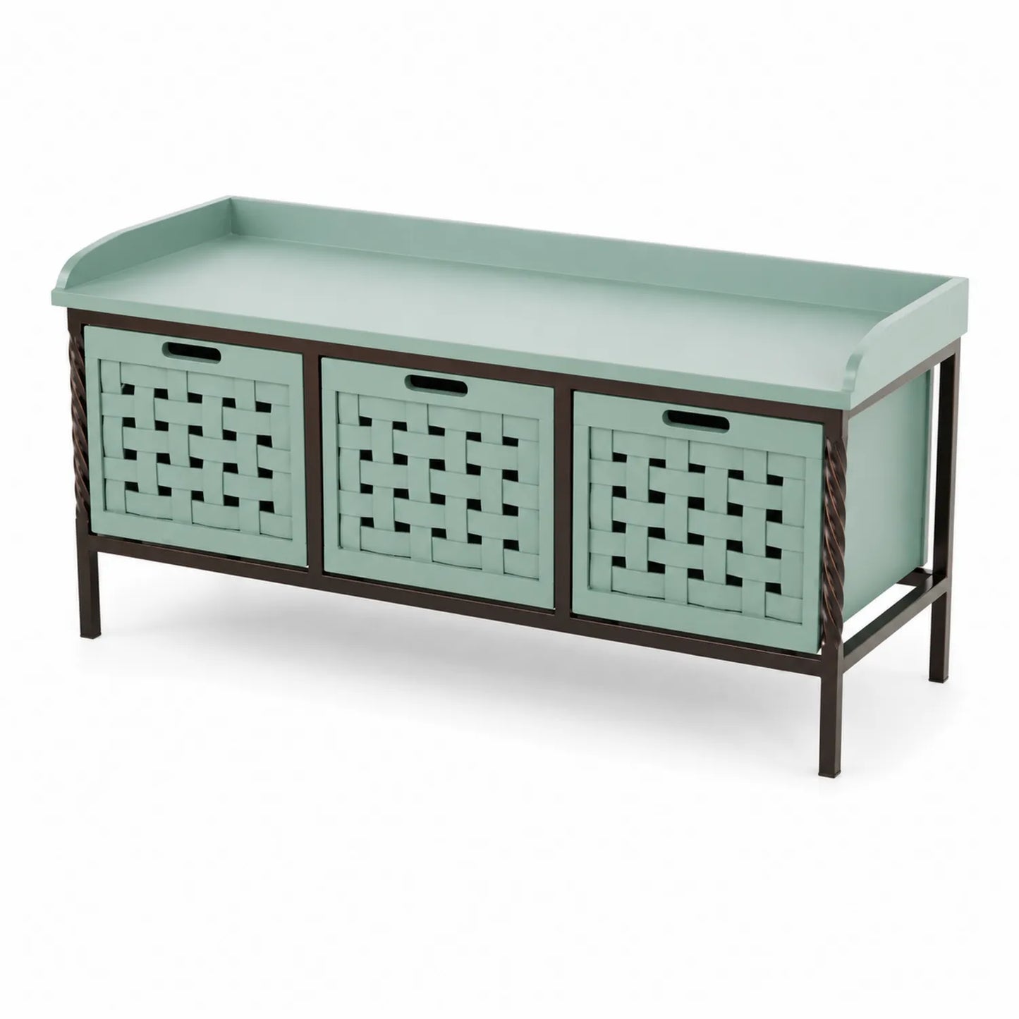 Banco de almacenamiento de metal y mimbre verde 120x40x45 cm