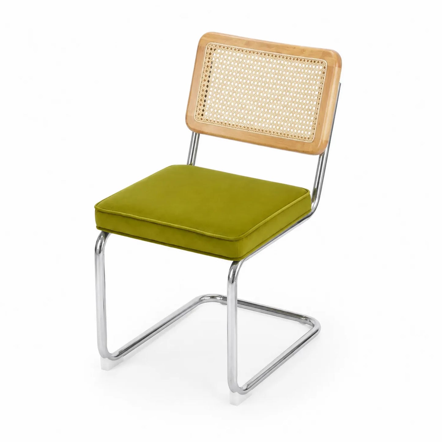 Silla de comedor con estructura de acero cromado y asiento de terciopelo verde