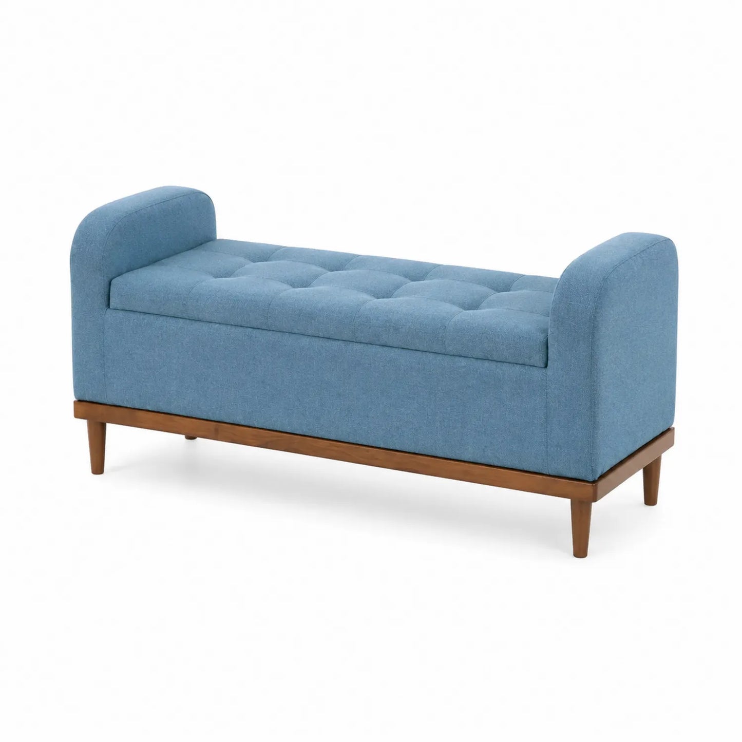 Banco de tela azul con patas de madera y almacenamiento