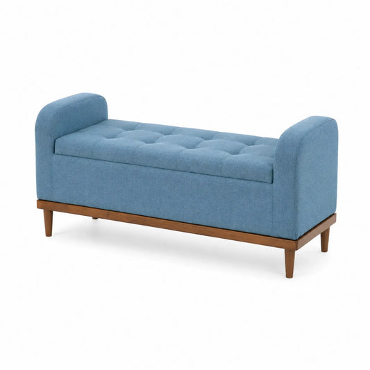 Banco de tela azul con patas de madera y almacenamiento