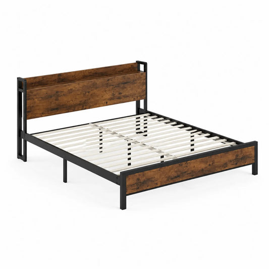 Cama doble de madera y metal marrón y negro 200x160 cm