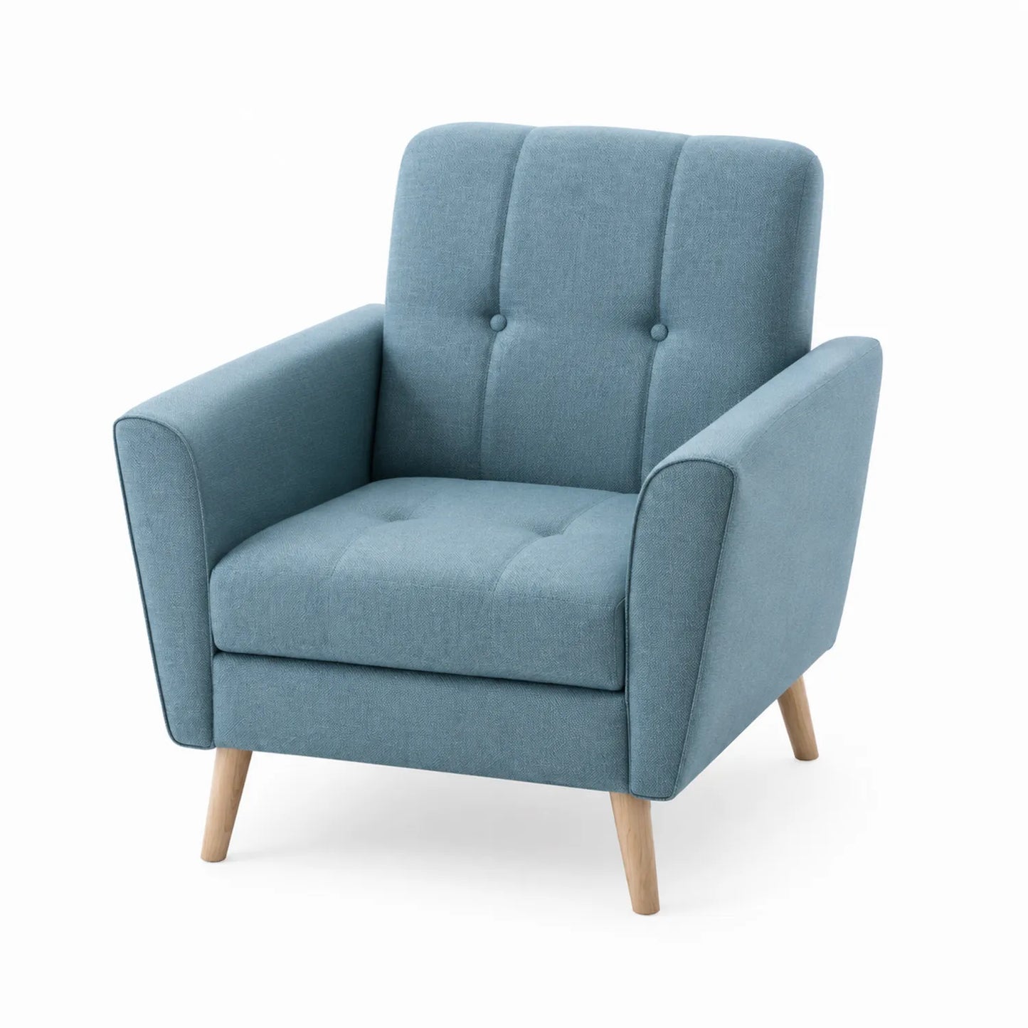Sillón de tela de poliéster azul con patas de madera