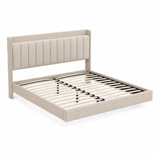 Cama doble tapizada en tela beige 200x160 cm con cabecero acolchado