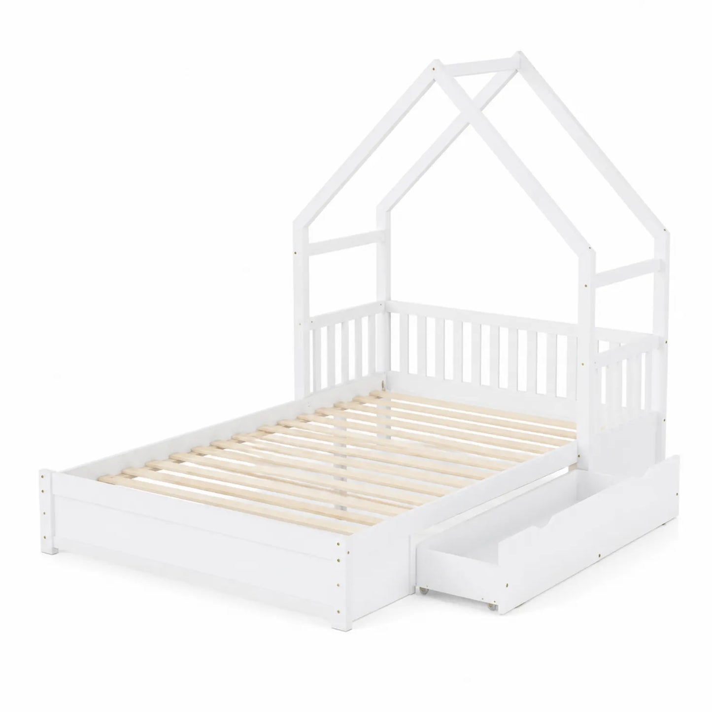 Cama infantil de madera con estructura de casa y cajón