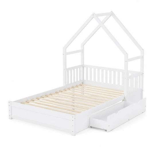 Cama infantil de madera con estructura de casa y cajón