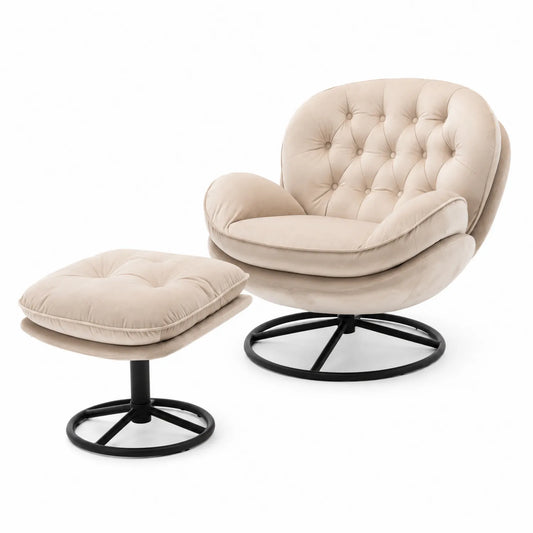 Sillón giratorio de terciopelo beige con base de metal