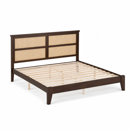 Cama de madera con cabecero de ratán natural 200x150 cm Marrón oscuro/Beige