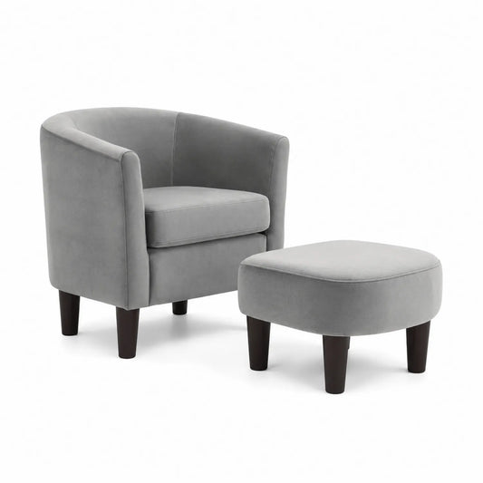 Sillón y Reposapiés de Terciopelo Gris con Patas de Madera