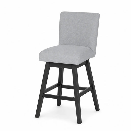 Taburete de tela gris con patas de madera