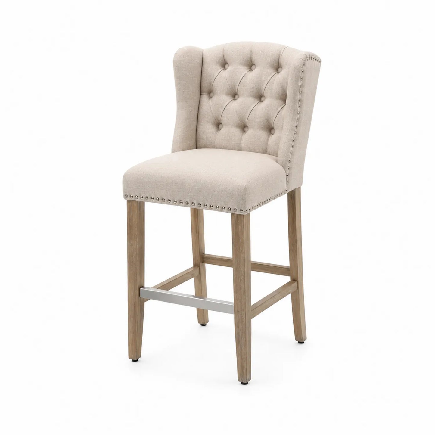 Taburete de bar alto de madera y tela beige con respaldo capitoné