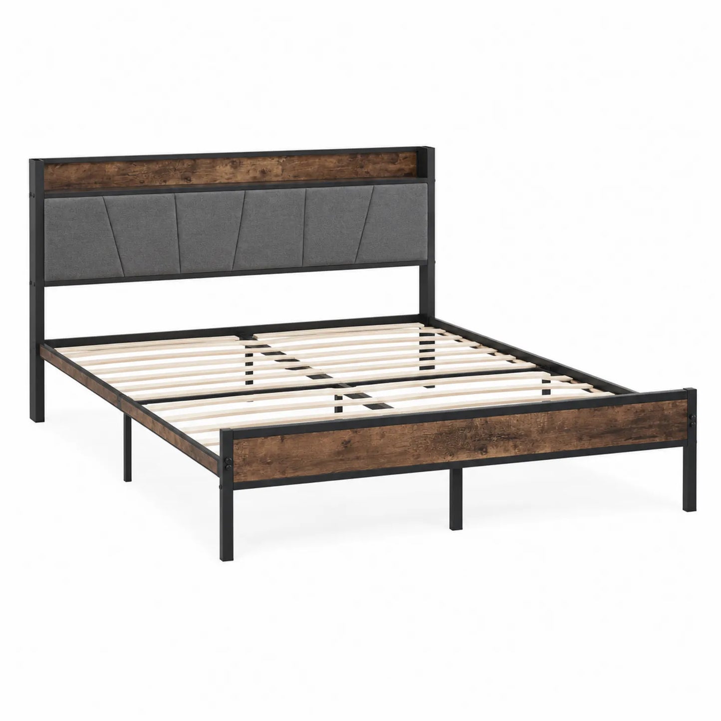 Cama de Metal y Madera con Cabecero de Tela de Poliéster Gris 200 cm x 140 cm