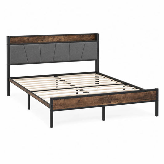 Cama de Metal y Madera con Cabecero de Tela de Poliéster Gris 200 cm x 140 cm