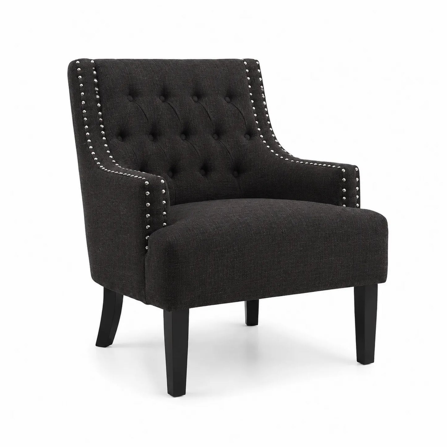Sillón de lino negro con tachuelas y patas de madera