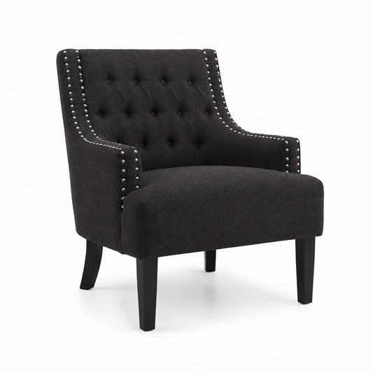 Sillón de lino negro con tachuelas y patas de madera