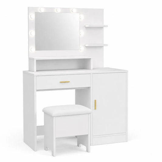 Tocador de Madera con Espejo y Luces LED Blanco