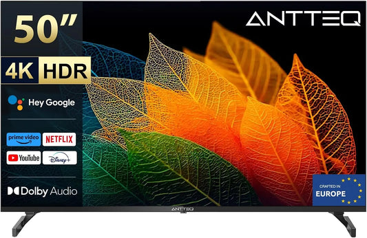 Antteq DVB-C/S/S2/T/T2 HDR10, Bærbare TV'er, S50 Smart TV 50 tommer (127cm) 4K UHD med Bluetooth, Dolby Vision &, Triple, Sort, 127cm, 4K, 60Hz